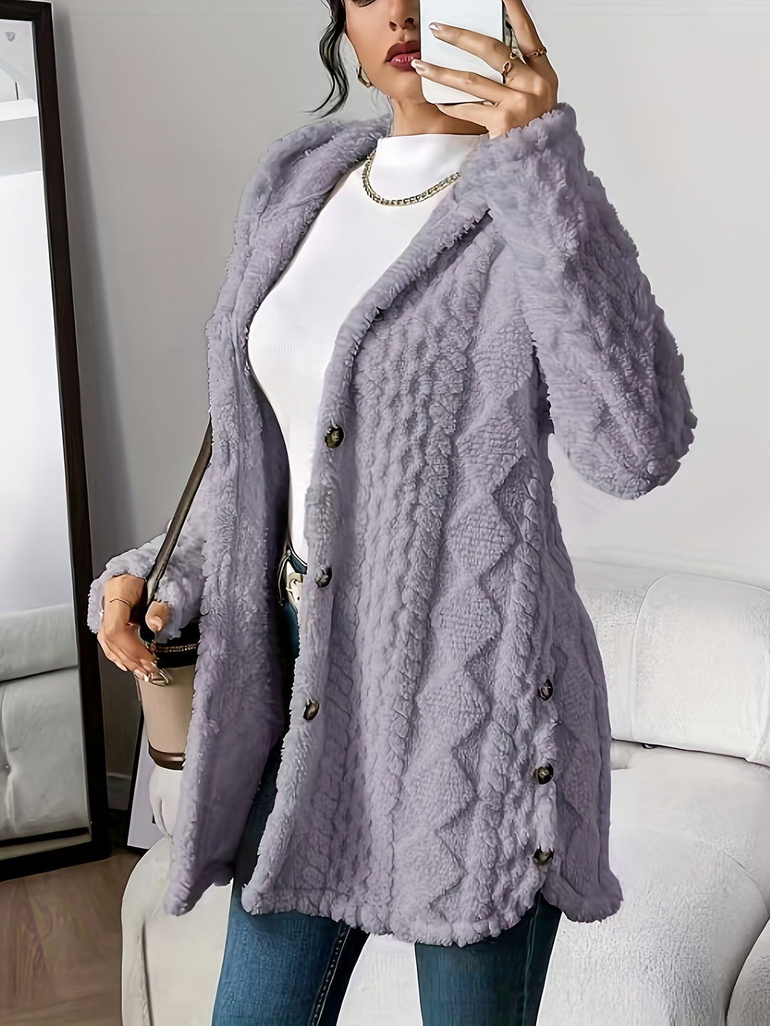 Paula™ - Plush Diamond-Patterned Hooded Cardigan