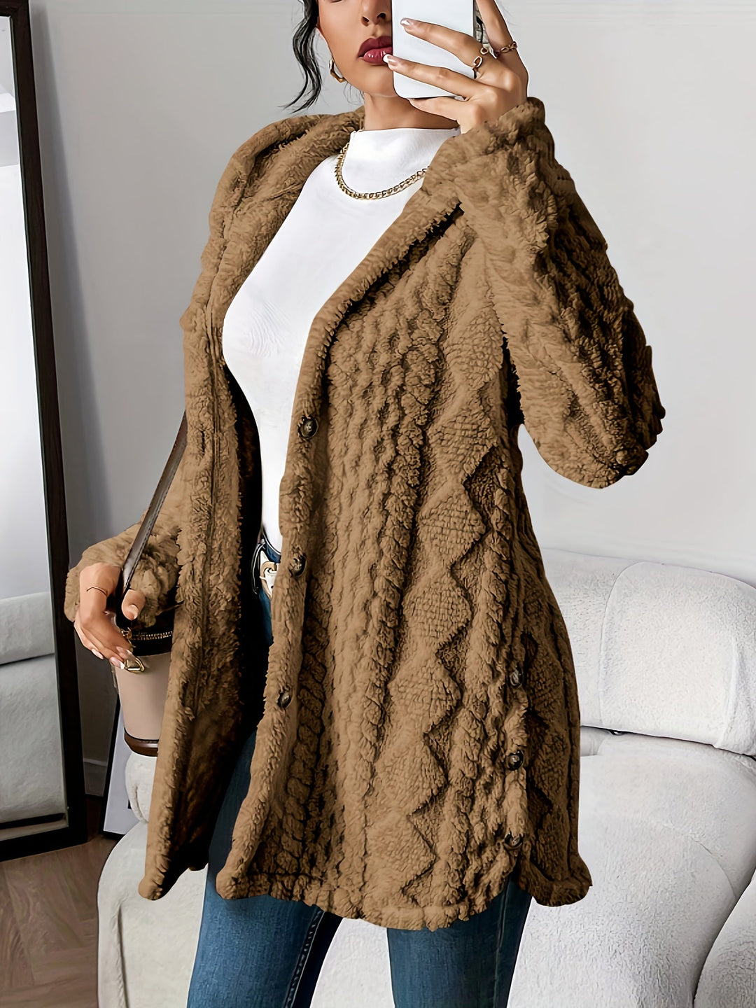 Paula™ - Plush Diamond-Patterned Hooded Cardigan